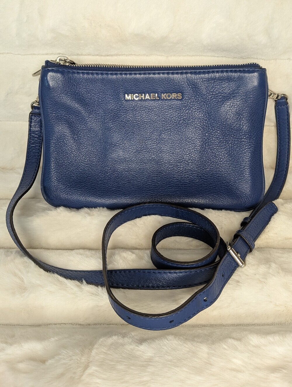 Michael Kors Navy Pebbled Leather Triple Zipper Crossbody